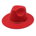Close-up of red wool fedora hat featuring a stylish gold and black metal band detail - M (56-58cm) / Red