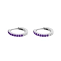 Elegant silver huggie earrings with purple cubic zirconia stones in a fine pave setting - June Purple - Silver