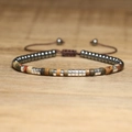 Minimalist emperor stone beaded bracelet with adjustable woven cord and hematite beads - No.63 Hematite Picasso Silver