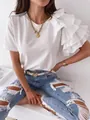 Detail of layered ruffle sleeve design on elegant white crew neck cotton t-shirt - S / White