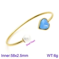 Adjustable golden stainless steel bangle featuring a blue heart stone and white shell pearl - Gold Blue Heart Shell Pearl Style (KB123879-K)
