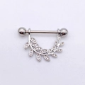 Detailed view of silver U-shaped nipple shield featuring a sparkling zirconia leaf wreath - Steel - 13-Leaf Wreath