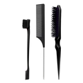 Black 3pcs hair styling set with double-sided edge brush, metal tail comb and teasing brush - Fine-tooth Black