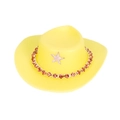 Miniature yellow plastic cowboy hat for dolls featuring brown rhinestones and star - Yellow Cowboy Hat With Red Rhinestone Chain