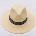 Cappello da sole in paglia beige a tesa larga con nastro decorativo intrecciato nero e bianco - Bianco Sporco