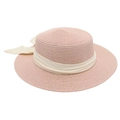 Detail of pink raffia sun hat featuring fine straw weaving and a beige ribbon bow - One Size / Pink