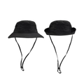 Detail of adjustable black sun hat with mountain embroidery and side snaps for hiking - Black