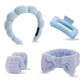 Detail of light blue spa headband set with wristbands and a bow on white background - Sky Blue 5pcs Set (Headband, Hair Clip, Scrunchies, Wristbands)