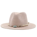 Khaki woven straw Panama hat with bohemian seashell and beaded band for beach sun protection - Nude Pink