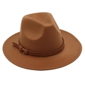 Close-up of brown wool fedora hat featuring a leather belt strap and metal buckle detail - Khaki (Brown Belt)