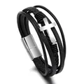 Bracciale multistrato da uomo in pelle nera intrecciata con croce in acciaio e chiusura magnetica - Pelle Nera Chiusura Argento 19cm