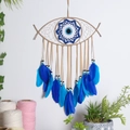 Handmade Evil Eye Dream Catcher wall hanging with blue feathers and woven center decoration - Ms9148b / As Shown