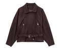 Detalle de chaqueta de ante marrón oscuro con bolsillos de cremallera y cinturón ajustable - XS / Marrón Oscuro
