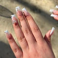 French tip press-on nails with silver butterfly and rhinestones on long square shape - Glue Style (JP2768)
