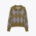 Maglia polo a rombi verde oliva e grigia a maniche lunghe con finiture a costine in piano - S / Come mostrato