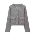 Elegante giacca in tweed grigio con scollo rotondo e cinque bottoni dorati in vista piatta - XS / Grigio