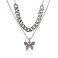 Silver Cuban link and tennis chain set with sparkling butterfly pendant in hip-hop style - Black Double Layer (Cuban Chain + Butterfly Pendant)