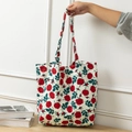 Floral canvas tote bag with vintage red roses pattern for women shopping and beach use - Full Rose Print