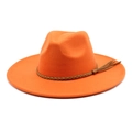 Close-up of bright orange wide-brim felt fedora with woven brown cord and fringe detail - M (56-58cm) / Orange