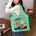 Green checkerboard canvas tote bag with cartoon cat and rabbit music illustration - Green Checkerboard Music