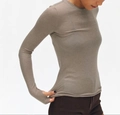 Slim fit taupe wool knit top with thumbholes and crew neck for layering - S / Thumbhole Design / Grey Coffee