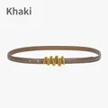 Minimalist khaki leather belt for women with elegant golden wave buckle design - Khaki