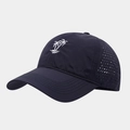 Detailed close-up of palm tree embroidery and side ventilation holes on quick-dry cap - Adjustable / Navy Blue
