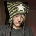Cat ear striped knit beanie in dark green and brown with white star patch and tassels - Black Green Stripes Star