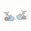 Pendientes de flor de acero inoxidable con cristal rosa y pétalos azules suaves - Estilo Plateado (PD3530)