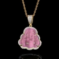 Gold rope chain necklace featuring a pink opal laughing Buddha pendant with zircon stones - Gold Pink Stone / 18 Inch 3mm Rope Chain