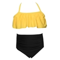 Two-piece girls swimsuit with yellow ruffle top and black high-waisted bottoms - 104 / Yellow Single Ruffle Ruched Pants Set