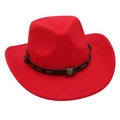 Detail of red felt cowboy hat featuring brown leather band with vintage metal buckles - Red (with Decorative Band)