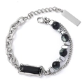 Bracciale in occhio di gatto e ossidiana in acciaio al titanio con design a catena - Stile Pietra Preziosa Nera Rettangolare (A6012) / 18+4CM