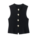 Women's black knit vest featuring round neck and gold sun flower shaped buttons - S / Black