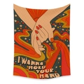 Arazzo da parete retrò anni '70 con grafica I WANNA HOLD YOUR HAND e stelle lucenti - 73X95CM / Tessuto Spazzolato / ZJ618-2 (Mani che si tengono)