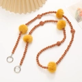 Brown beaded shoulder strap with yellow pom-poms and gold metal rings for bags - Plush Ball Chain (K2289)