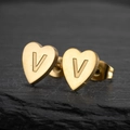 Golden heart stud earring with letter V engraving and elegant brushed metal texture - Letter V / Gold