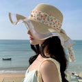 Light khaki wide brim straw hat with white pearls and floral lace ribbon for beach - Wave Floral Beige