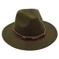 Close-up of olive green wool fedora hat with braided band and metal feather charm - Army Green (Gold Feather)