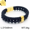 Men's double-layer braided leather bracelet with black stone beads and golden metal clasp - Black Network Stone-Gold Clasp (Emblem)