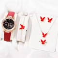 5-piece red and gold butterfly jewelry set with watch, bracelet, necklace, and ring - Red Set (Orange Box)