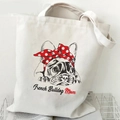 French Bulldog Mom canvas tote bag in cream white featuring artistic dog print and red scarf - French Bulldog Mom (G)