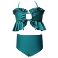 Peacock green two-piece ruffle bikini set with high-waisted bottom for women - 104 / Teal Drawstring Top & Plain Bottom Set