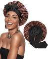 Detail of silk satin hair bonnet with wide band and large decorative bow in coffee color - M / Coffee