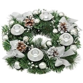Christmas wreath with green pine needles, silver bows, pine cones and four candle holders - 30cm Silver Wreath