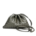 Elegant olive green woven leather crossbody bag with drawstring and shoulder strap - Dark Green