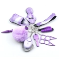 Detailed flat lay of a purple neoprene safety keychain set with accessories and hand sanitizer - Purple Floral