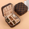 Portable PU leather jewelry box with checkerboard pattern and multi-grid storage - Zipper Style / Checkerboard Brown Black