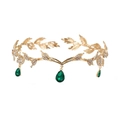 Golden leaf vine tiara with three green teardrop gemstone pendants for bridal wear - Gold With Green Drop