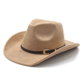 Cappello da cowboy beige con cinturino in pelle nera e fibbia dorata su sfondo bianco - M(56-58cm) / Cammello (Camoscio)